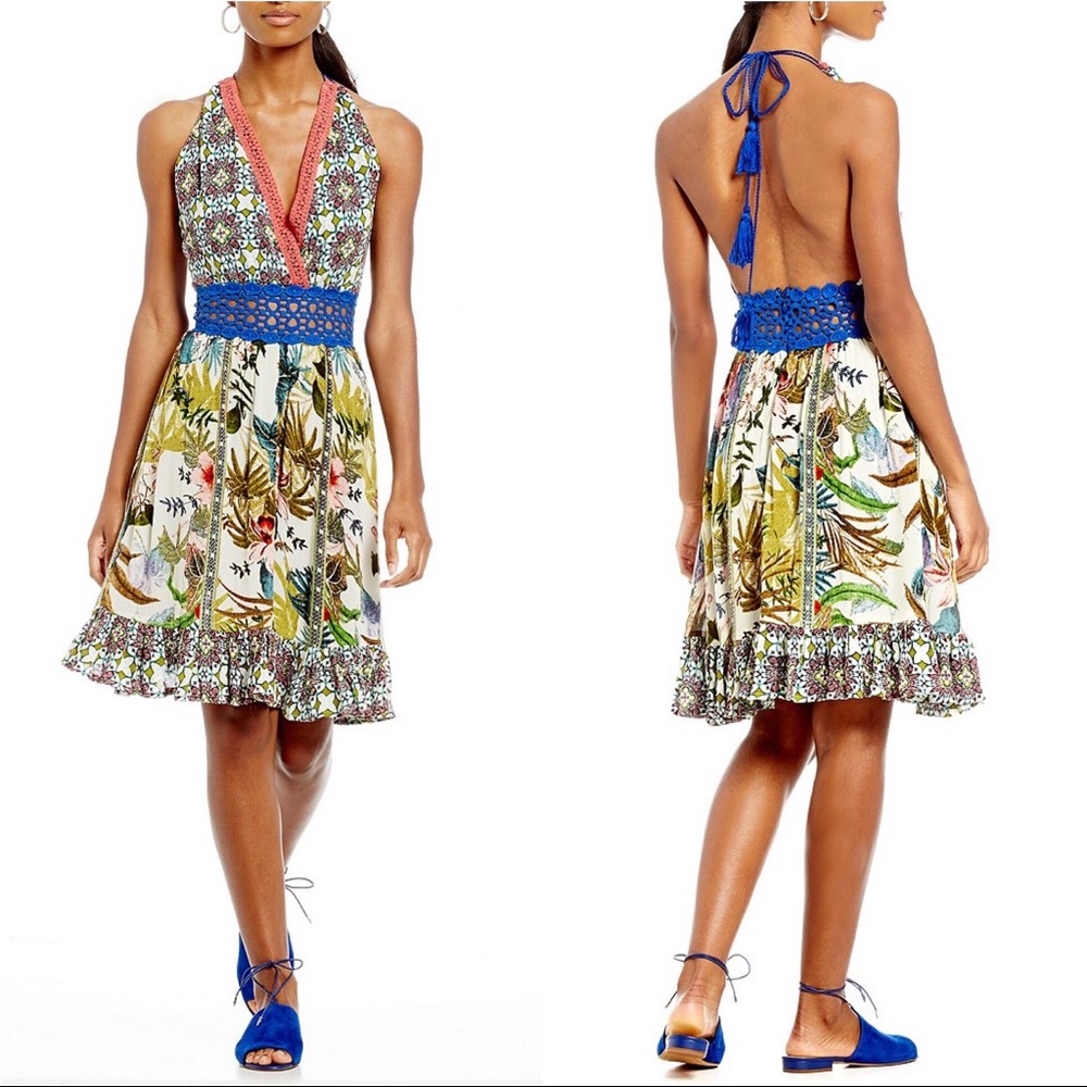 Chelsea & Violet Multicolor Floral Backless Halter Dress with Blue Waist